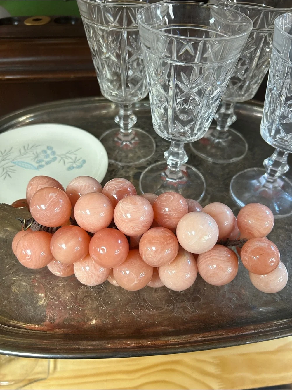 Vintage MCM Pink Lucite Rose Quartz Look Grape Cluster w/ Brass Leaf